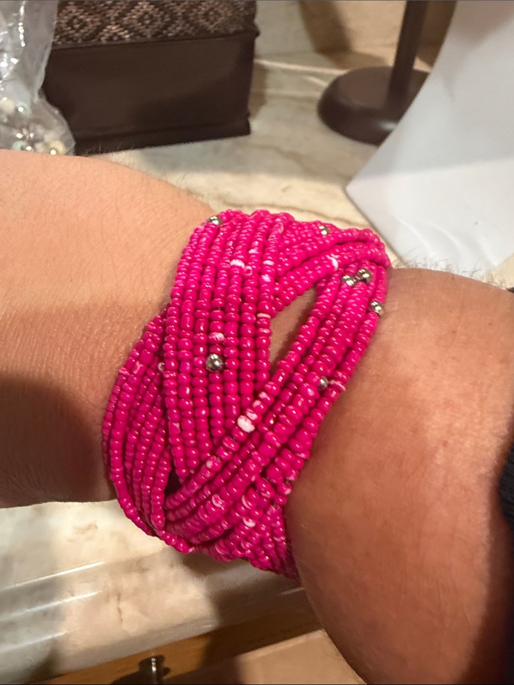 Bright Pink Multi-Strand Seed Bead cuff style Bracelet -